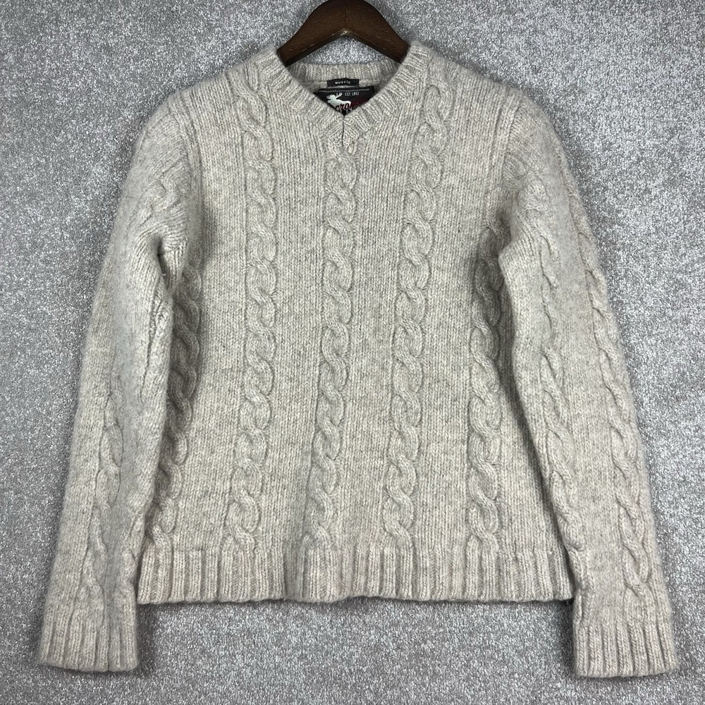 Abercrombie 2000s Men's XL 100% Wool Muscle Slim Cable Knit Sweater Beige Y2K